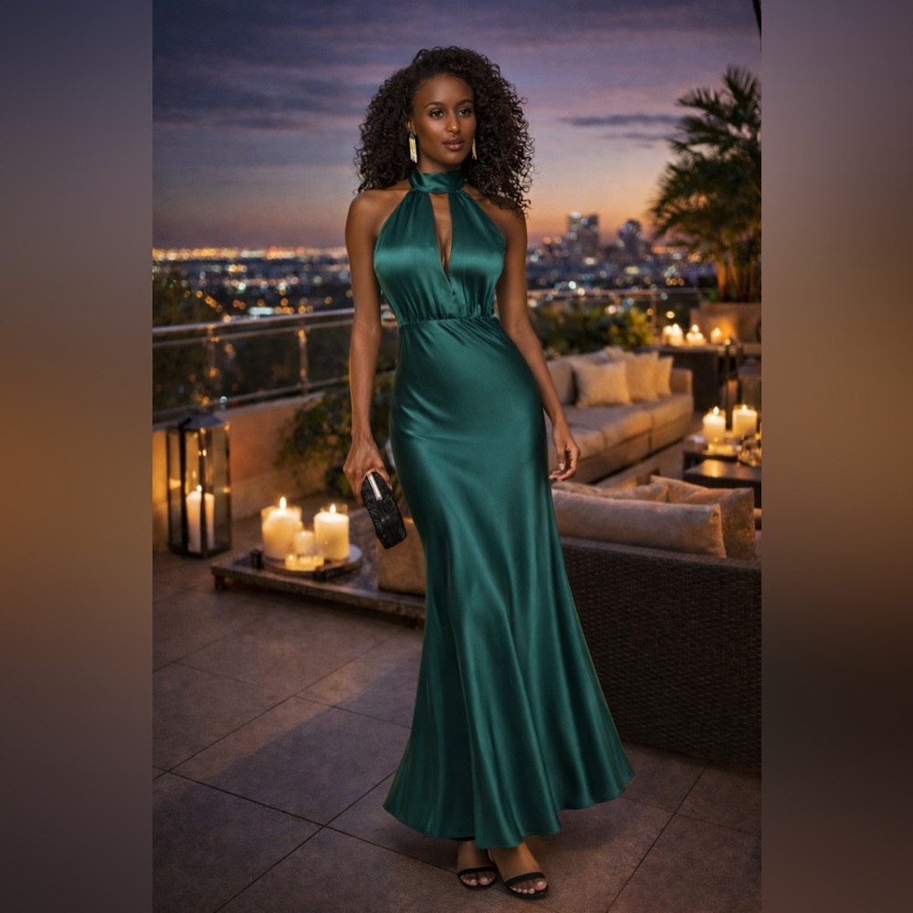 Something Navy Emerald Satin Halter Gown Open Back Maxi Dress XS